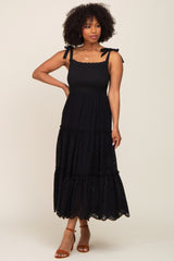 Black Shoulder Tie Eyelet Maternity Maxi Dress