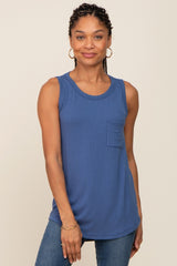 Blue Sleeveless Ribbed Pocked Maternity Top