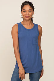 Blue Sleeveless Ribbed Pocked Top