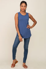 Blue Sleeveless Ribbed Pocked Top