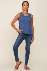 Blue Sleeveless Ribbed Pocked Top