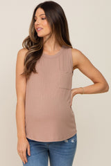 Mocha Sleeveless Ribbed Pocked Maternity Top