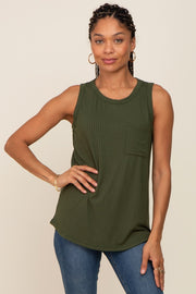 Olive Sleeveless Ribbed Pocked Top