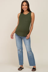 Olive Sleeveless Ribbed Pocket Maternity Top