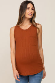 Rust Sleeveless Ribbed Pocket Maternity Top