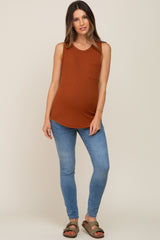 Rust Sleeveless Ribbed Pocket Maternity Top