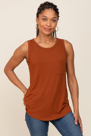 Rust Sleeveless Ribbed Pocked Top