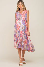 Pink Floral Paisley Ruffle Side Cutout Maternity Midi Dress