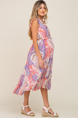 Pink Floral Paisley Ruffle Side Cutout Maternity Midi Dress