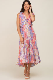 Pink Floral Paisley Ruffle Side Cutout Midi Dress