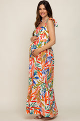 Orange Multi-Color Palm Print Shoulder Tie Maternity Maxi Dress