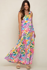 Pink Multi-Color Palm Print Shoulder Tie Maternity Maxi Dress