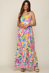 Pink Multi-Color Palm Print Shoulder Tie Maternity Maxi Dress