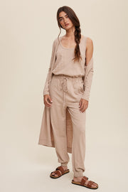 Beige Jumpsuit And Long Cardigan Knit Set