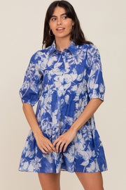 Royal Blue Floral Collared Puff Sleeve Dress