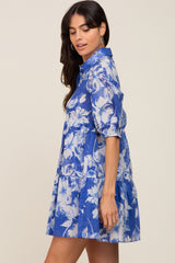 Royal Blue Floral Collared Puff Sleeve Dress