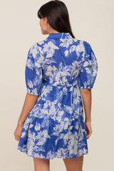 Royal Blue Floral Collared Puff Sleeve Dress