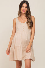 Beige Sleeveless Tiered Maternity Dress