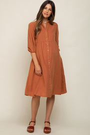 Rust Button Front Maternity Dress