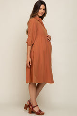 Rust Button Front Maternity Dress