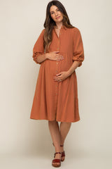 Rust Button Front Maternity Dress