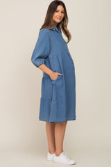 Blue Chambray Button Front Maternity Dress