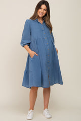 Blue Chambray Button Front Maternity Dress