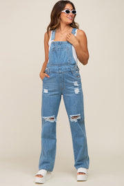 Blue Medium Wash Distressed Denim Maternity Overalls