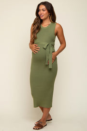 Olive Rib Knit Sleeveless Maternity Midi Dress