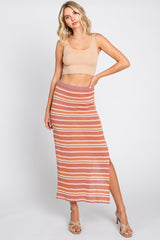 Mauve Striped Knit Side Slit Maternity Midi Skirt