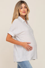 White Striped Button Up Dolman Short Sleeve Maternity Top