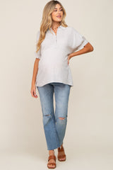 White Striped Button Up Dolman Short Sleeve Maternity Top