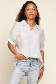 White Striped Button Up Dolman Short Sleeve Top