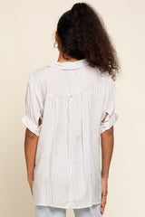 White Striped Button Up Dolman Short Sleeve Top