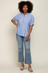 Light Blue Striped Button Up Dolman Short Sleeve Top