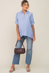 Light Blue Striped Button Up Dolman Short Sleeve Maternity Top