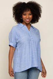 Light Blue Striped Button Up Dolman Short Sleeve Top