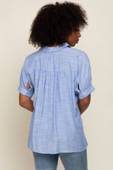 Light Blue Striped Button Up Dolman Short Sleeve Top