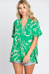 Green Printed V-Neck Top