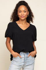 Black Puff Sleeve V-Neck Top