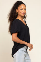 Black Puff Sleeve V-Neck Top