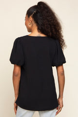 Black Puff Sleeve V-Neck Top