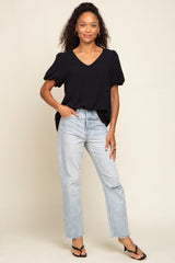 Black Puff Sleeve V-Neck Top