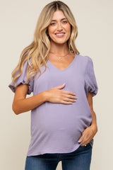 Lavender Puff Sleeve V-Neck Maternity Top