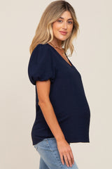 Navy Blue Puff Sleeve V-Neck Maternity Top