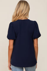 Navy Blue Puff Sleeve V-Neck Maternity Top