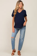 Navy Blue Puff Sleeve V-Neck Maternity Top