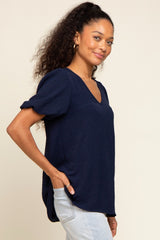 Navy Blue Puff Sleeve V-Neck Top