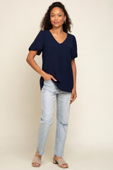 Navy Blue Puff Sleeve V-Neck Top