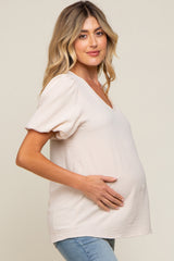 Beige Puff Sleeve V-Neck Maternity Top